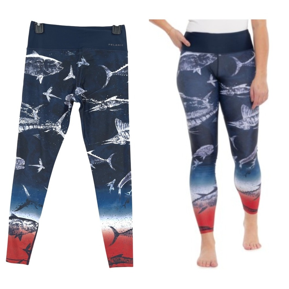 Pelagic Maui Leggings Gyotaku Fade UPF 50+ Fishing Womens S Navy Coastal NWT